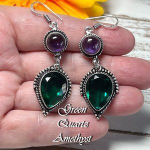 Green Quartz Amethyst Earrings Long Handmade Gemstone Crystal Dangles 925 Silver